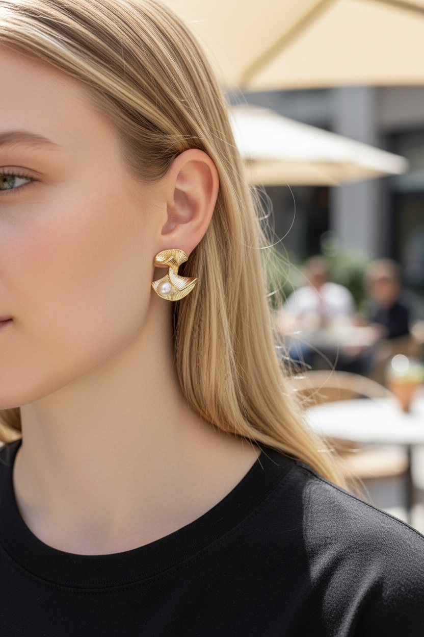 Ripple Fold Pearl Gold Studs