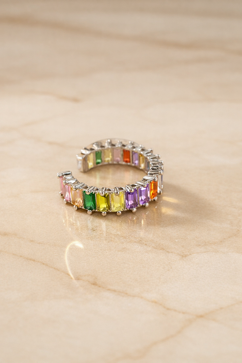 Silver Rainbow Baguette Crystal Adjustable Ring