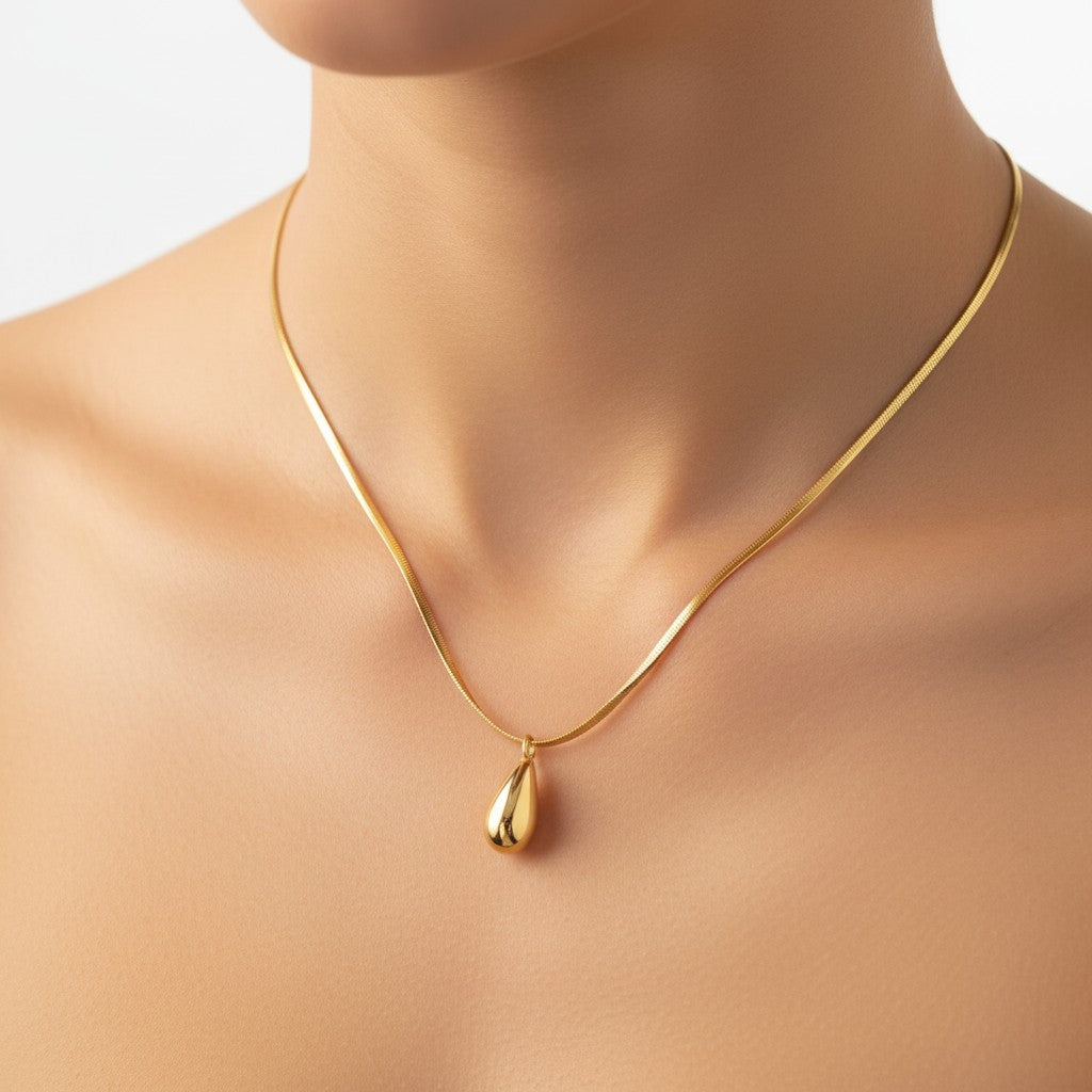 Gold Teardrop Pendant Herringbone Necklace